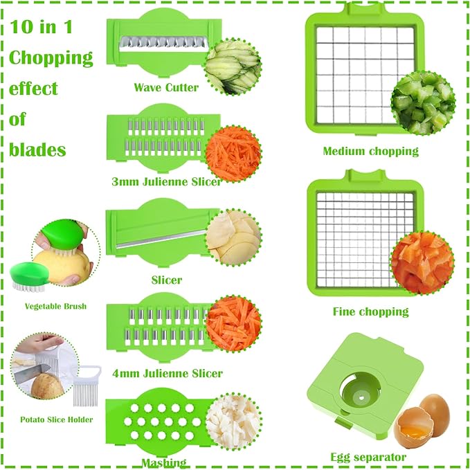 Pro 16 in 1 Vegetable Chopper Food Chopper with 2mm Keto Precision & Military-Grade Concavo-Convex Occlusion Blades (Gray & Green 10in1)
