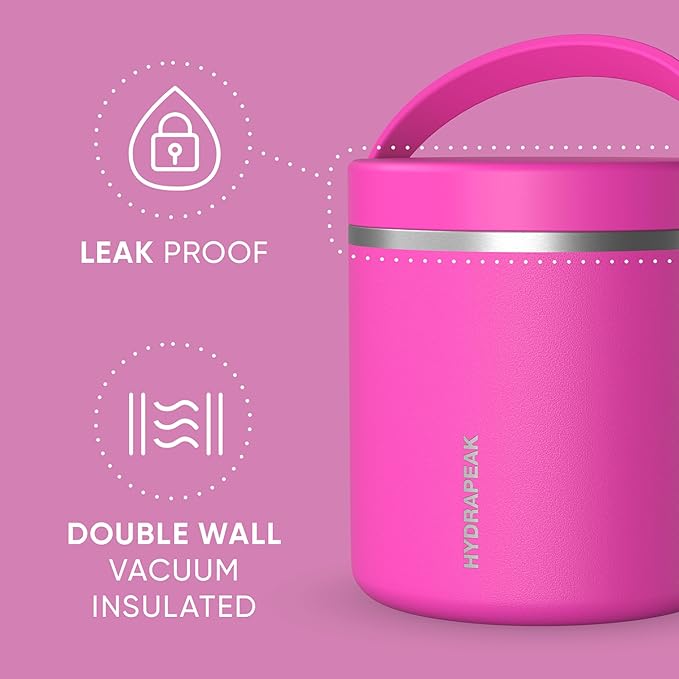 Hydrapeak 25oz Stainless Steel Vacuum Insulated Thermos Food Jar | Thermos for Hot Food and Cold Food, Wide Mouth Leak-Proof Soup Thermos for Adults, 10 Hours Hot and 16 Hours Cold (Fuchsia)