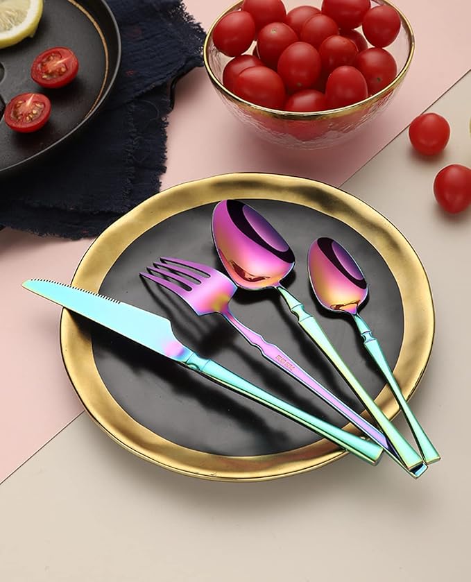 AARAINBOW 7 Pieces Stainless Steel Flatware Set Portable Reusable Cutlery Set Travel Utensils Set Including Chopsticks Knife Fork Spoon Straws Cleaning Brush Dishwasher Safe (B-Multicolored)