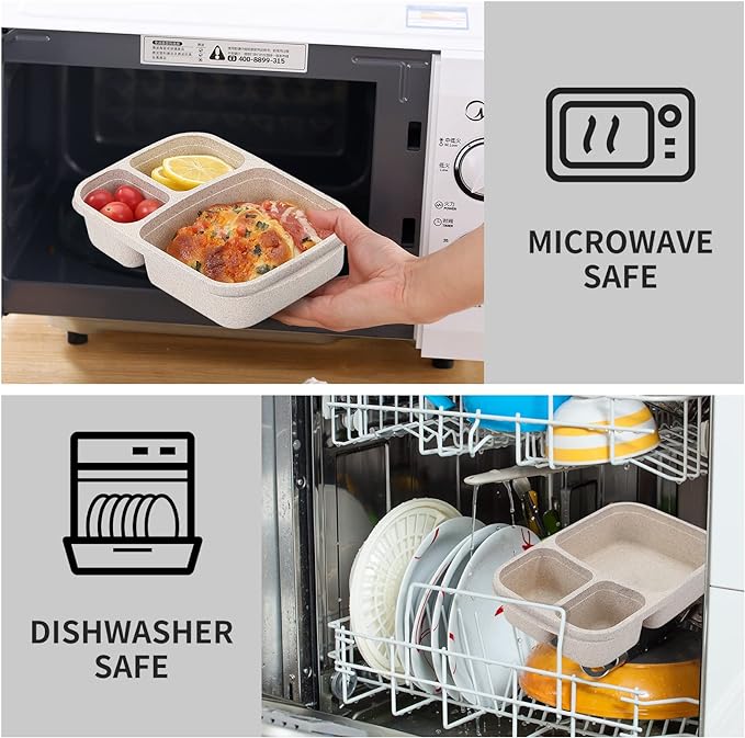 4 Pack Bento Lunch Box Set 3 Compartment Food Storage Containers Wheat Straw Meal Prep Lunch Box Plastic Food Storage Containers, Microwave and Dishwasher Safe (light colour)