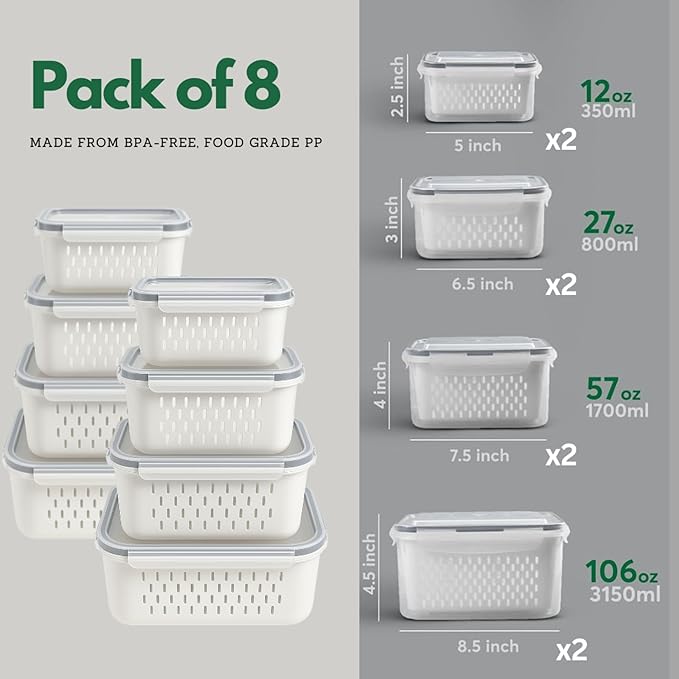 8 PCS Fruit Storage Containers for Fridge with Colanders Dishwasher Safe, Leakproof Fruit and Vegetable Storage BPA-Free Plastic, Produce Storage Keep Berry Fruit Veggie Meat Fresh
