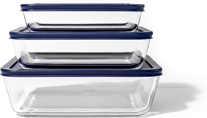 12-Piece Glass Food Storage Containers Set (6 Containers + 6 Lids) |Rectangular, Nesting, Microwave & Dishwasher Safe |BPA-Free, Space-Saving | Blue Lids for Pantry & Kitchen Organization