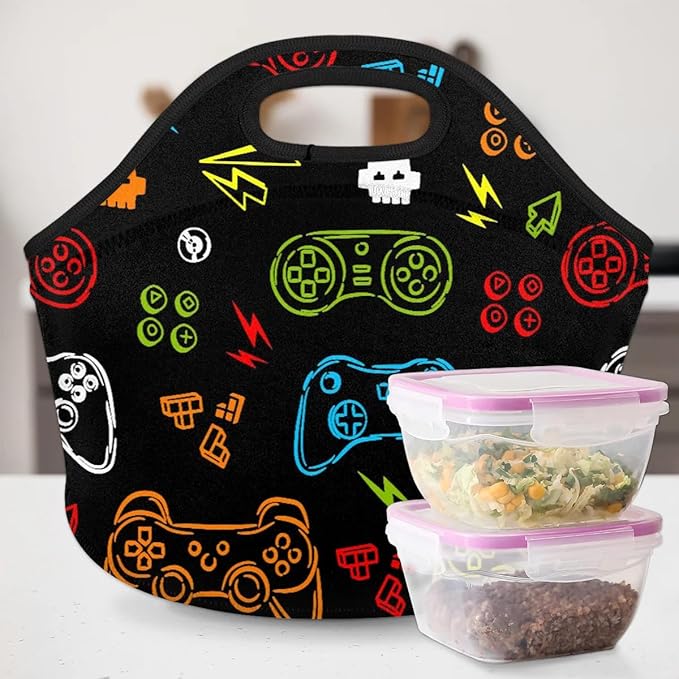Kids Lunch Box for Boys Girls Video Games Insulated Neoprene Children Lunch Bags Sturdy Soft Bag & Reusable Cooler Lunch Thermal Meal Tote Kit for School