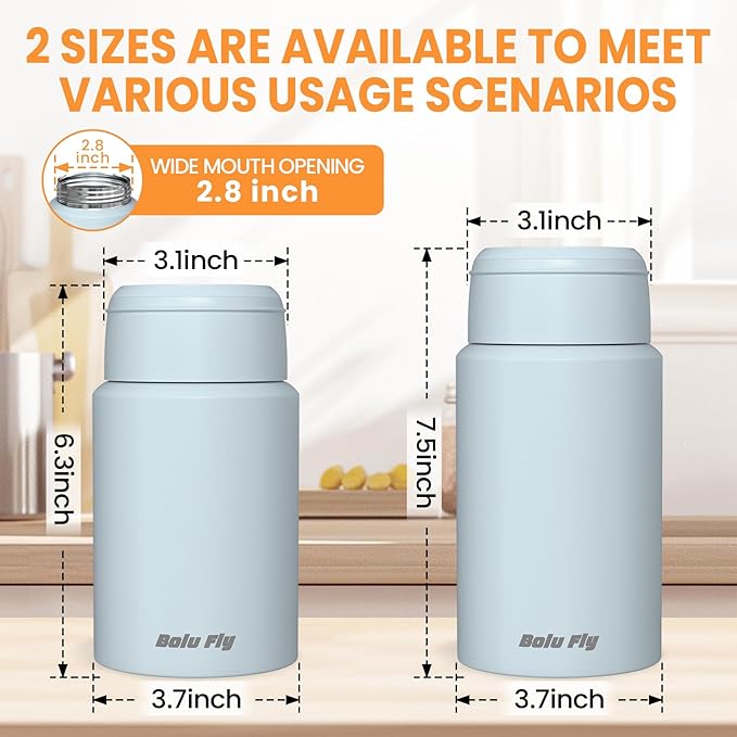 2 Pack Soup Thermo for Hot & Cold Food for Adults, Insulated Food Jar, Stainless Steel Vacuum Thermal Lunch Box Containers with Carry Bag and Spoon (18.5oz, 27oz) (Blue)