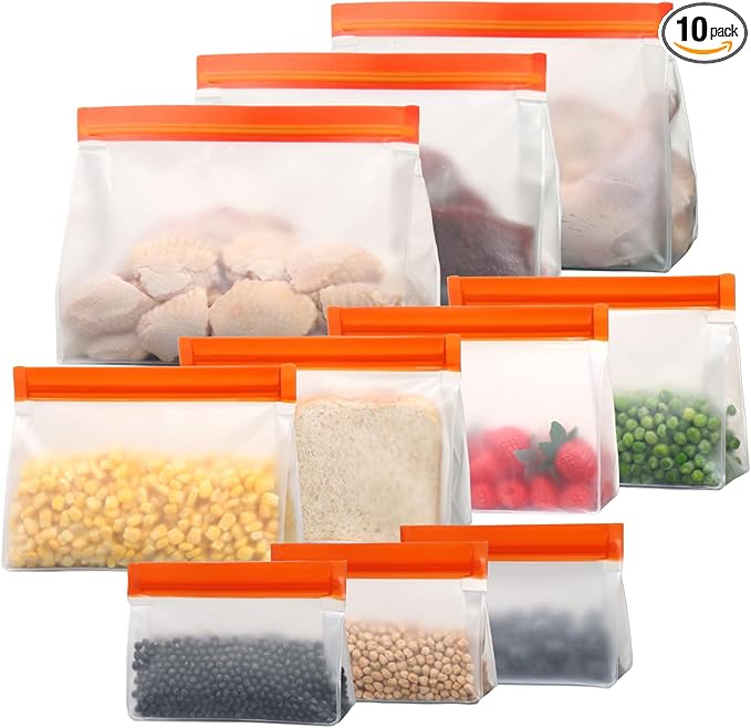 iSPECLE 10 Pack Freezer Bags - 3 Pack Gallon Bags 4 Pack Sandwich Bags 3 Pack Snack Bags BPA-Free Reusable Freezer Bags with Stand-Up Bottom and Label, Leakproof to Keep Frozen Food Fresh, Orange