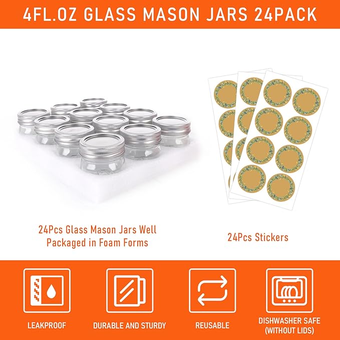 Alotpower 4oz Mason Jars 24pack, Glass Small Mason Jars with Lids for Jams, Candies,Spice,Honey,Snacks,Canning Jars 4oz for DIY Projects,Wedding/Party/Shower Favors(4fl.oz/Set of 24)