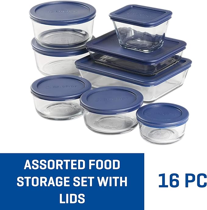 Anchor Hocking 16 Piece Glass Storage Containers with Lids (8 Glass Food Storage Containers & 8 Navy Blue SnugFit Lids)