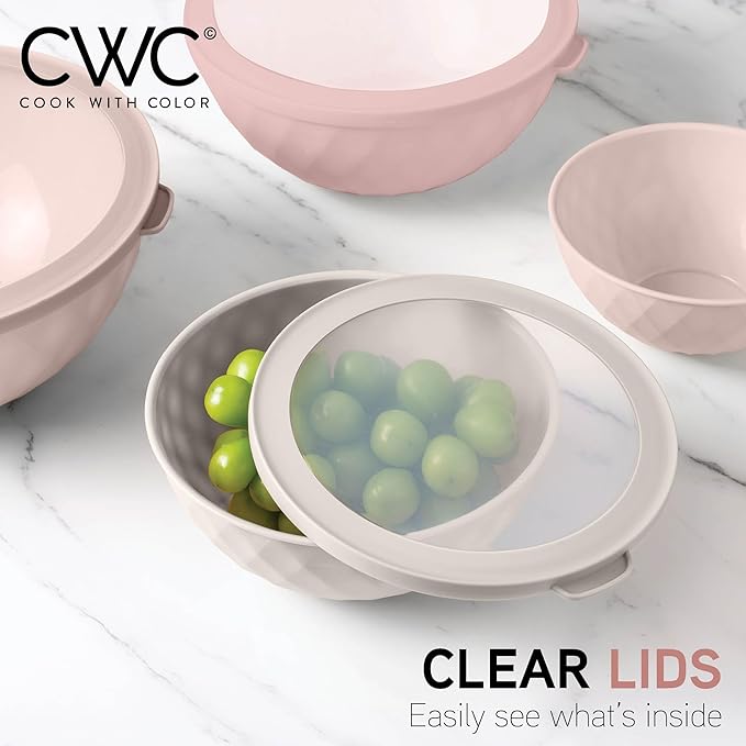 COOK WITH COLOR Mixing Bowls with Lids - 12 Piece Plastic Nesting Bowls Set includes 6 Prep Bowls and 6 Lids, Non Slip Bottom and Diamond Design - Microwave Safe (Mint)