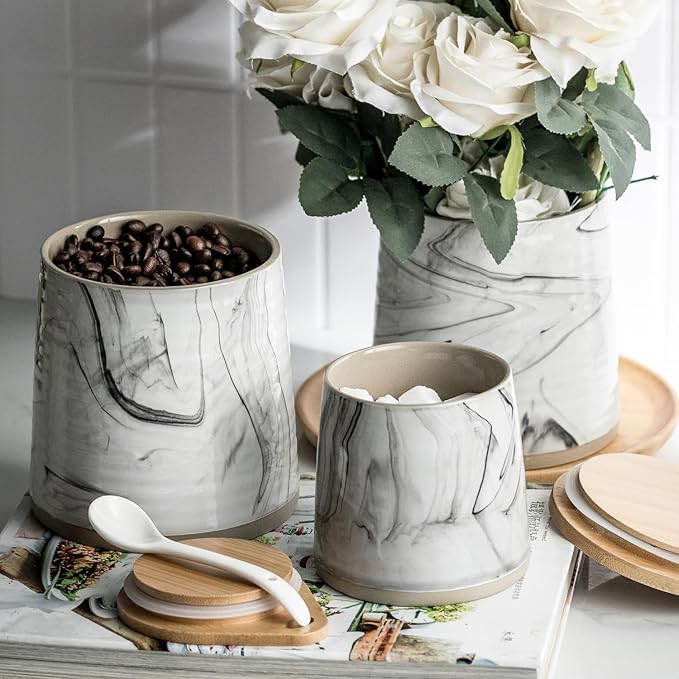 Ceramic Airtight Containers, Wide Mouth Food Storage Jars with Sealing Wooden Lids, Cereal Sugar Tea Coffee Bean Cookie Flour Canisters - Marble Design