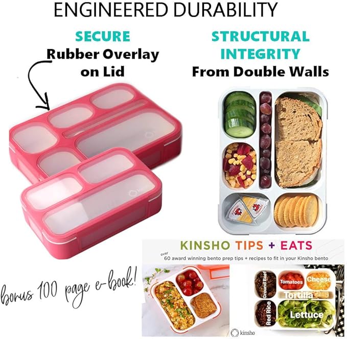 Bento Lunch Box and Snack Container Set for Kids Women | Small & Large Leakproof Boxes for Work School Daycare | Divided Portion Containers for Girls Teens Toddlers, Large and MINI, Pink 2 pack