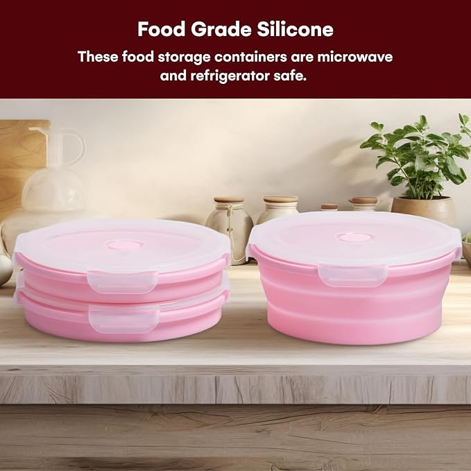 Vdomus Collapsible Food Storage Containers - Leak Proof, Microwave Safe - 40.5oz/1.2L Airtight Silicone Food Containers - Meal Prep Collapsible Bowls with Lids - Set of 3 - Pink