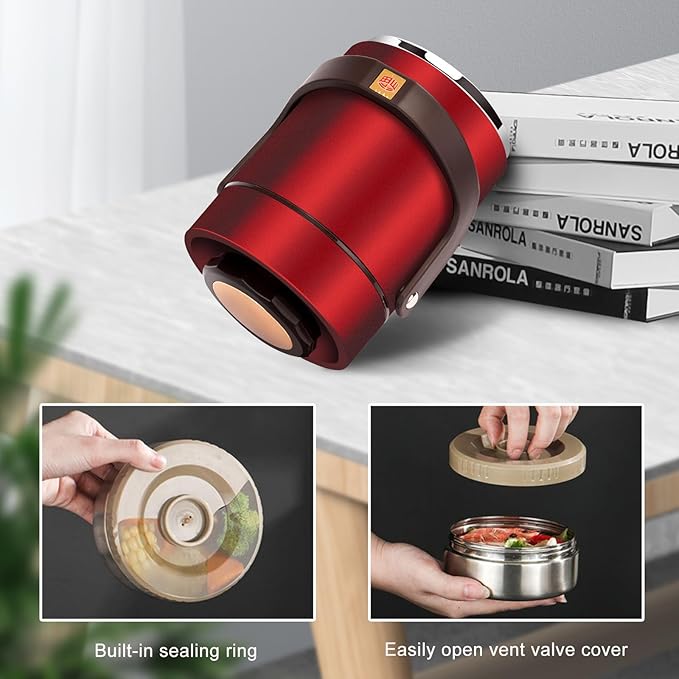 51 oz Adults Stainless Steel Vacuum Insulated Wide Mouth Soup Food Hot Food Jar with Keep Thermal Portable 2 Tier Stackable Bento Hot Food Containers Lunch Boxes (51 oz Red)