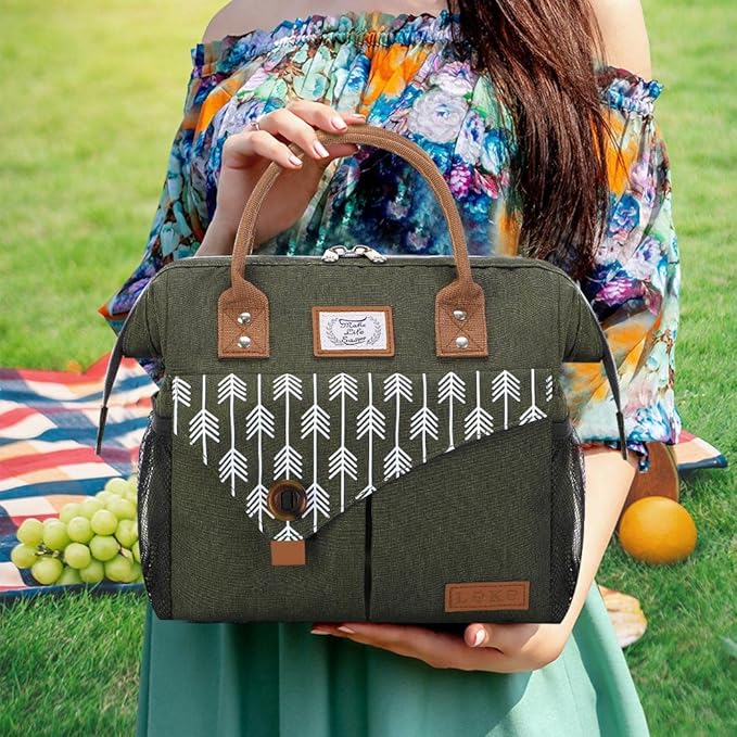 Lekesky Insulated Lunch Bag Portable Lunch Box for Office Work Picnic Beach Workout Reusable Tote Lunch Bag Organizer for Women Adult, Green