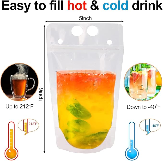 100 PCS Reusable Juice Pouches for Adults, Heavy Duty Plastic Smoothie Bags With 100 Straws Funnel for Cold Hot Drinks