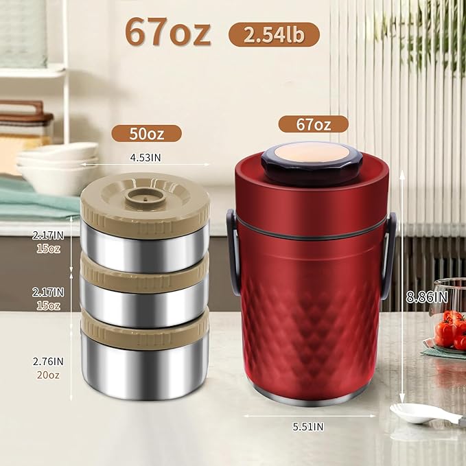 67oz Thermos for Hot Food,3-Layer Sealed Stackable Food Thermos,with Lunch Bag Soup Thermos Wide Mouth,It Is Suitable for Daily Office Meals, and Outdoor Meals (Red)