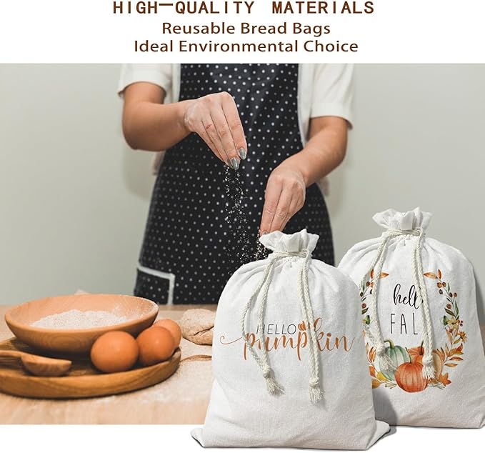 Pumplkin Homemade Bread Bag Box Pouches 2Pcs, Fall Sourdough Baking Supplies, Autumn Linen Reusable Kitchen Bag 15.511.8, Drawstring Closure, Fall Gifts for Women