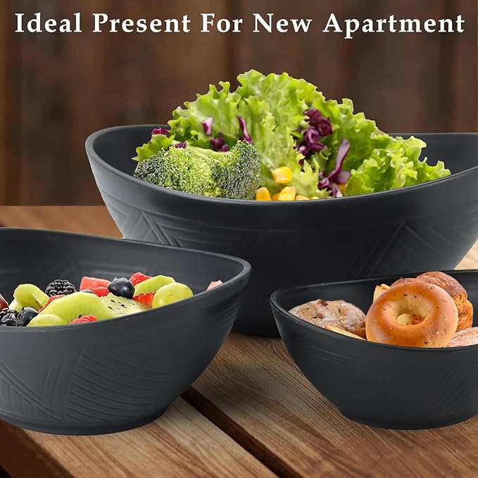 Salad Bowls Set of 6 with 3 Size,Unbreakable Wheat Straw Bowls for Kitchen,Fridge,Dishwasher and Microwave Safe Bowl for Salad,Cereal,Snack,Dessert. Black