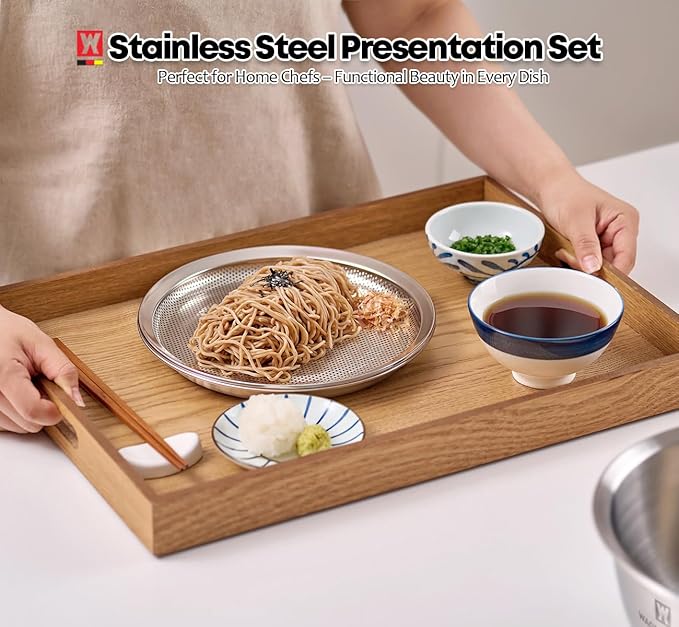Stainless Steel Mixing Bowl Set (3-Piece) – Multifunctional Food Prep & Baking Tools with Strainer and Serving Tray, Oil Drain Tray, Nesting Storage, Easy Measurement Marks (9.45 Inch)