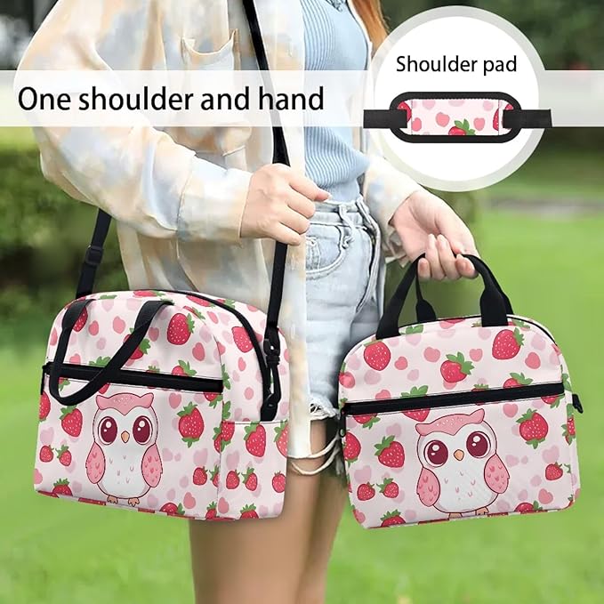 Showudesigns Owl Lunch Bag for Kids Girls Lunch Boxes for School 10-12 Strawberry Bento Cooler Bag Cute Insulated Lunchbox Container Picnic Bags Crossbody Purse Pink