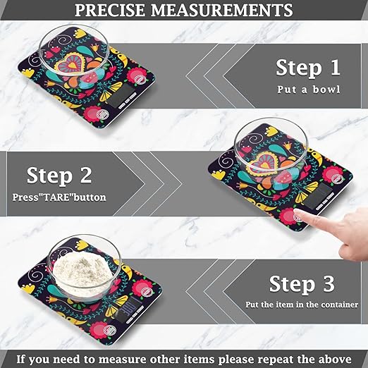 Food Scale Kitchen Digital Scale Food Ounces and Grams Dieting Baking Cooking Waterproof Glass Panels LCD Display,4 Units Scale Tare Function Boho