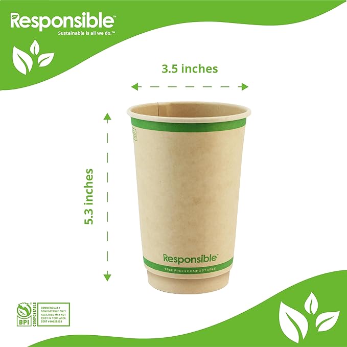 16 oz Double Wall Insulated Paper Coffee Cups (25 Count) – Smooth Wall Insulated To Go Coffee Cups - Natural Brown, Compostable, Eco-Friendly, Disposable Hot Beverage Cups