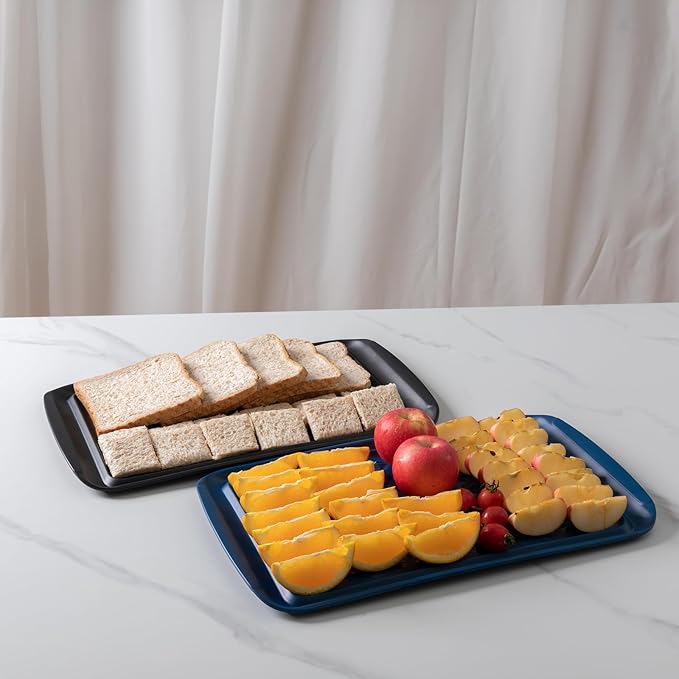 Melamine Grilling Prep and Serve Trays, Set of 2 Melamine Rectangular Serving Trays/Platters with Handle for Outdoor Parties and BBQ, Dishwasher Safe Food Tray,17''x10.5''. Blue and Black