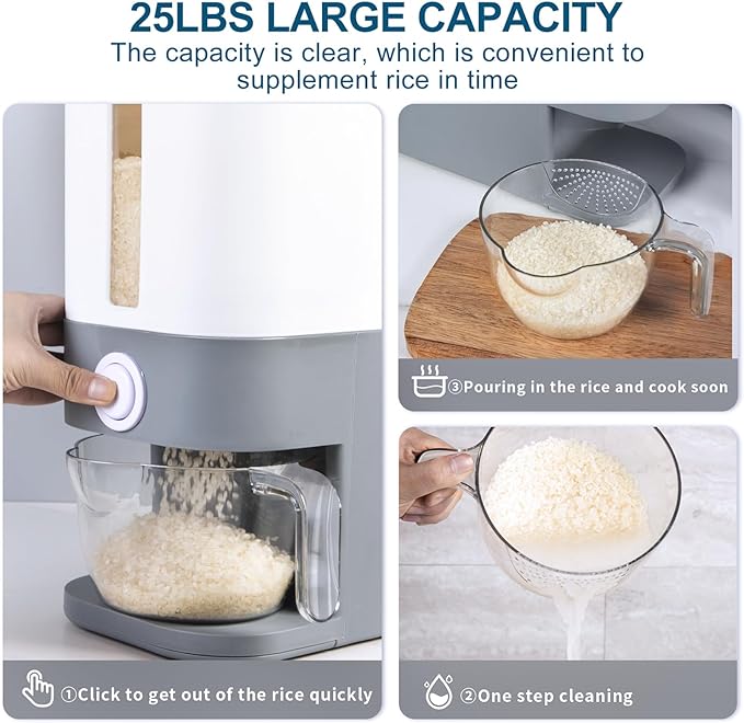 Rubtlamp 22.5-25 Lbs Gray Rice Dispenser, Rice Container with Lid, Rice Storage Container with Measuring Cup, Food Dispenser Rice Container, Storage Container for Cereal, Household Rice Bucket