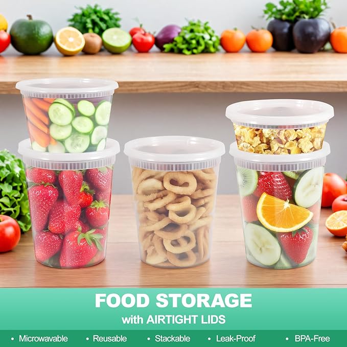 Blcculi 60 Set Deli Containers with Lids,Plastic Deli Food Storage Containers,Leakproof Soup Containers with Airtight Lids,Stackable,Dishwasher,Microwave Safe (8oz-20Set, 16oz-20 Set, 32oz-20 Set)