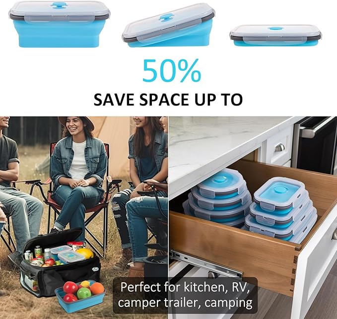 Bundle of 8 Pack Collapsible Food Storage Containers with Lid Blue + 3 Pack Silicone Freezer Trays with Lids Aqua