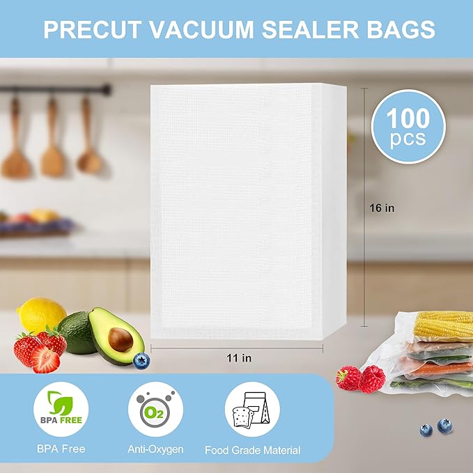 Vacuum Sealer Bags for Food, 100 Gallon 11"x16" Food Saver Bags, BPA Free, Pre-cut Commercial Grade Vac Bags for Food Storage, Heavy Duty, Meal Prep or Sous Vide