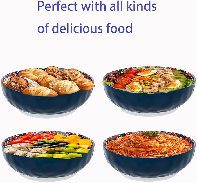 OZY Large Serving Bowls,10 inch Ceramic Salad Bowls,Ideal Housewarming Gift,Vibrant Color Soup Bowls for Party,Pasta,Fruit,Dishwasher & Microwave Safe Soup Bowls (Blue)
