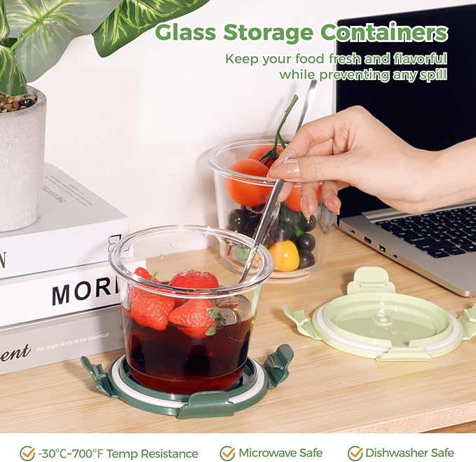 4 Pack Round Glass Meal Prep Containers with Airtight Lids, Leak-proof Storage Containers Set, Reusable Glass Soup Containers Overnight Oats Containers for Leftover, Fruit, Microwave & Freezer Safe