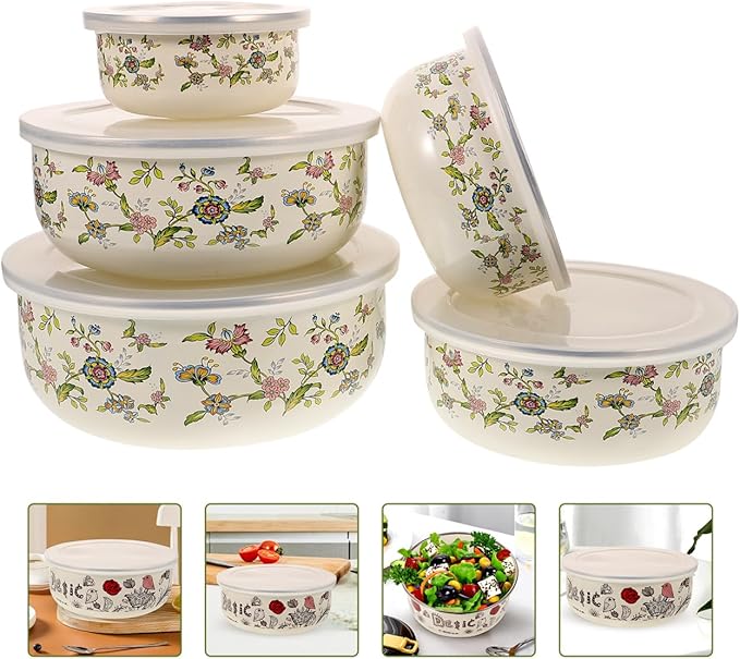 Hemoton 5pcs Enamel Mixing Bowls with Lids - Stackable Food Storage Bowls for Salad, Fruit, Soup - Retro Design for Home Use, 4.05 X 4.05 X 1.96 Inch