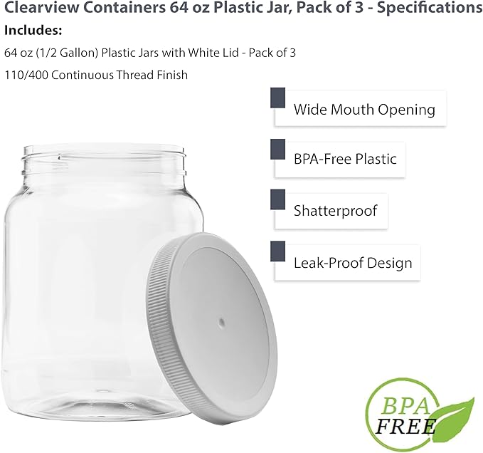 3 Pack of 64 Ounce Plastic Half Gallon Jars with 110/400 Leak Proof Seal Lid - Food Grade and BPA Free (64oz, 3pk)