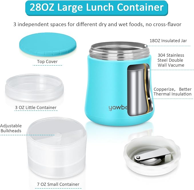 Thermos For Hot Food, 28OZ Soup Thermos For Adults, 2 In 1 Insulated Food Jar, Yogurt Container, Snack Cereal To Go Container, Leakproof Stainless Steel Vacuum Lunch Thermal With Spoon (Blue)