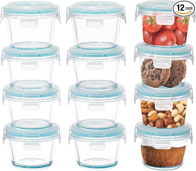 Small Glass Containers 12 Pack, 5oz Reusable Mini Food Storage Containers with Lids, Airtight, Leakproof