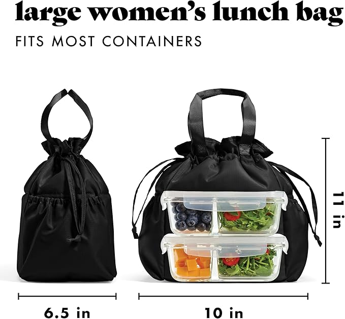 Fit & Fresh Lunch Bag For Women, Insulated Womens Lunch Bag For Work, Stain-Resistant Large Lunch Box For Women With Containers, Cinch Closure Cromwell Bag, Black