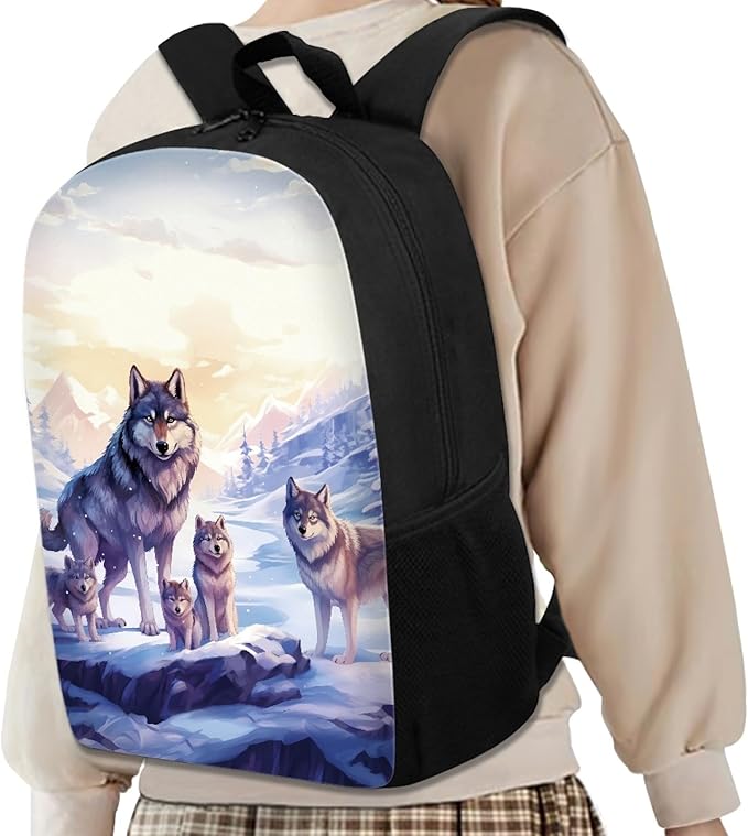 Dolyues Wolf Pattern Bookbag Backpacks Casual Daypack with Lunch Bag Pencil Case Set 3 Piece Backpack Set for Pre-School Girls & Boys Cool Kids 17" School Bag