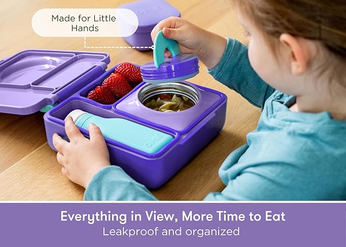 OmieBox Bento Box for Kids - Insulated Bento Lunch Box with Leak Proof Thermos Food Jar - 3 Compartments, Two Temperature Zones - (Purple Plum) (Single)
