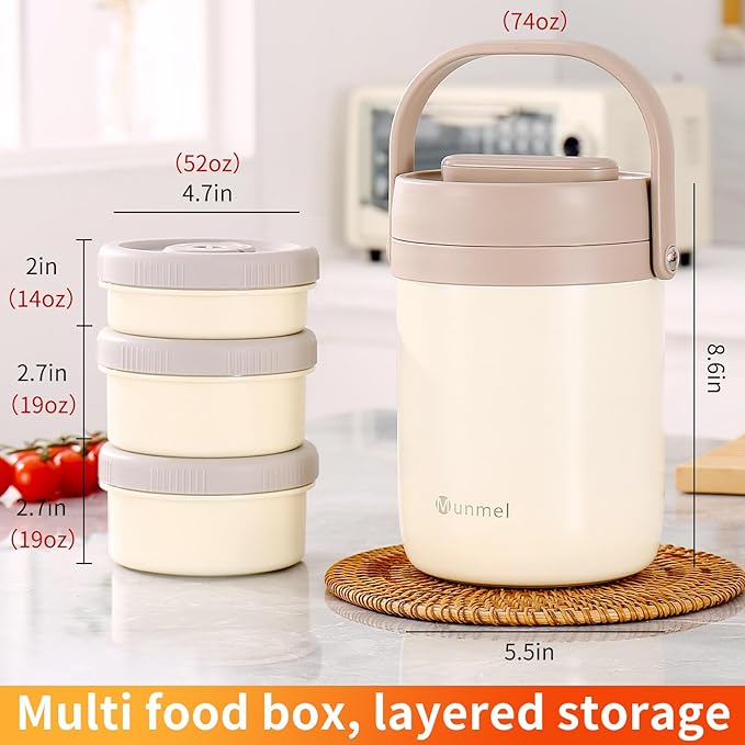 Adults Lunch Vacuum Soup Thermos For Hot Food with Inserts Stackable Bento Box Storage Container,Width Mouth Stainless Steel Portable Insulated Food Jar (white, 74 oz)