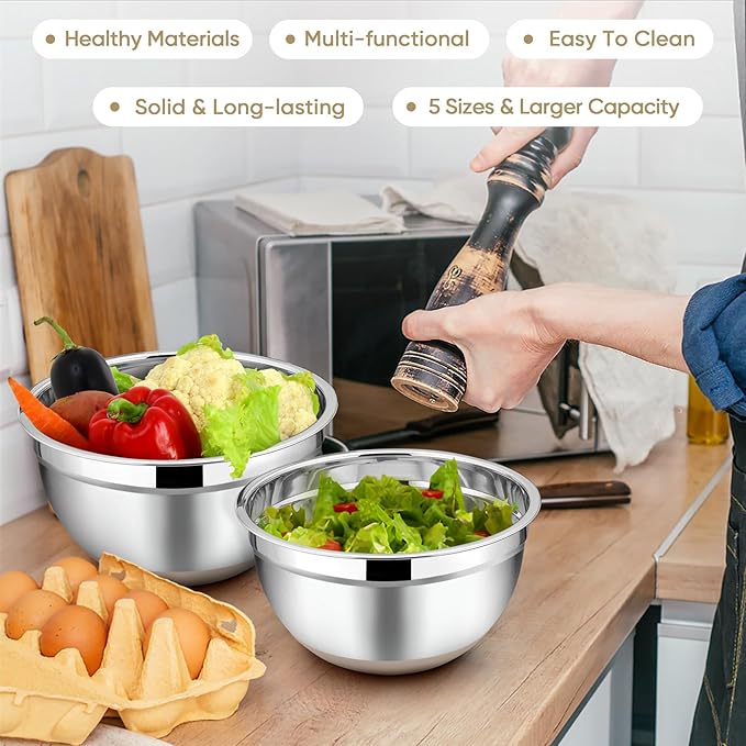 TeamFar Khaki Mixing Bowls, Stainless Steel Metal Nesting Salad Bowls with Airtight Lids Set of 5, Healthy & Heavy Duty, Non-slip Bottom & Airtight Lid, 7/3.5/2.5/1.5/1 QT