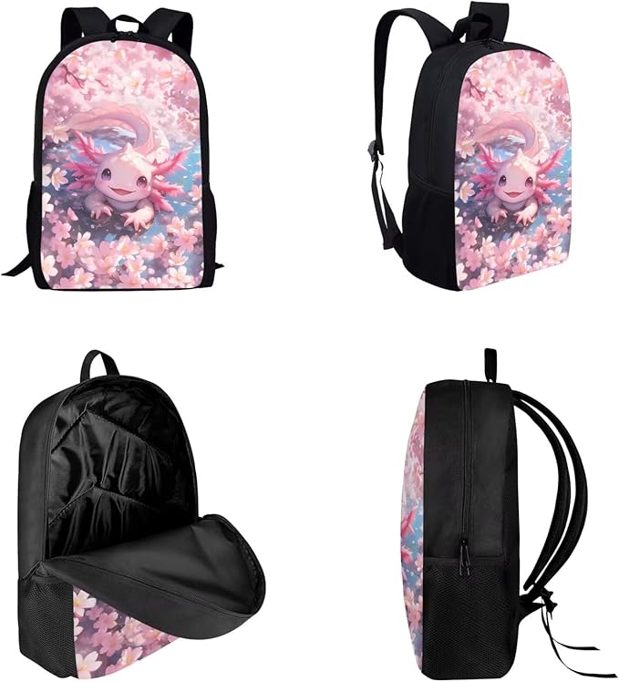 Dolyues Pink Cherry Blossom Axolotl 3-Piece Girls Backpack Set - Adorable 17-Inch School Backpack with Insulated Lunch Box and Zipper Pencil Case for Girls