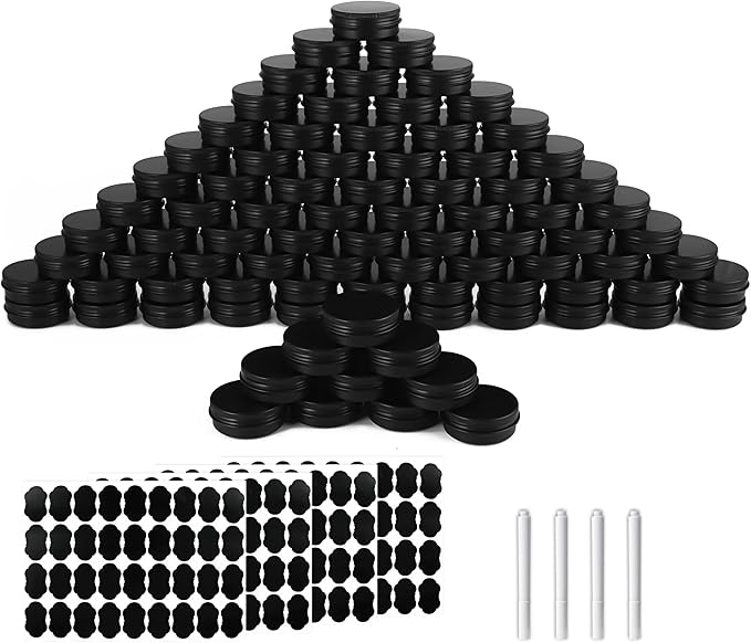 102 Pack Round Cans with Screw Lid 1 OZ Aluminum Metal Tins,for DIY homemade lotion bars, salves, and candles, Balms, Spices, Beard Balm, Crafts with 4 Markers 5 Sheets Label Stickers (Blcak)