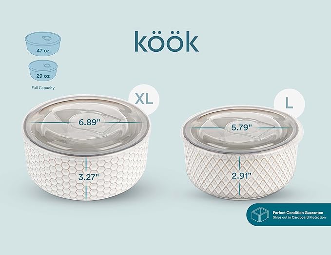 KooK Ceramic Nesting Bowls, with Lids, Serving, Set of 4, Embossed, Kitchen, Prep, Mix, Gift, Microwave and Dishwasher Safe, 10/16/29/47 oz, Narbonne Collection (Ivory)