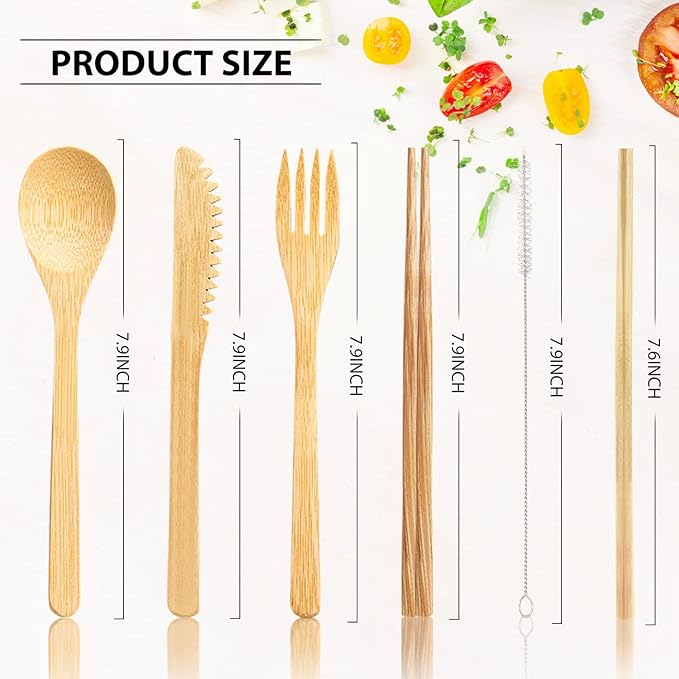 4 Sets Bamboo Utensil Travel Cutlery Set, Reusable Bamboo Utensil Fork Knife Spoon Chopsticks Straw Cleaning Brush for Eating Travel Picnic Office School (Vintage Style)
