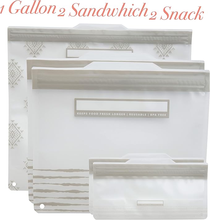 Kitchen Details 5 Piece Set Reusable Bags | 1 Gallon, 2 Sandwich and 2 Snack Sized | Airtight Zipper Seal | Leak Proof | BPA Free | Food Safe Material | Food Storage | Freezer Safe | Grey