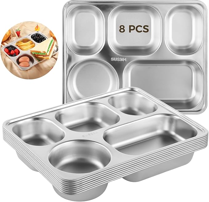 OMISTAR 8 Pcs Stainless Steel Divided Plates, Rectangular 5 Sections Portion Control Plates, Metal Food Tray for Lunch, Dinner, Campers, Picky Eaters, Unbreakable Lunch Container without Mixing Foods