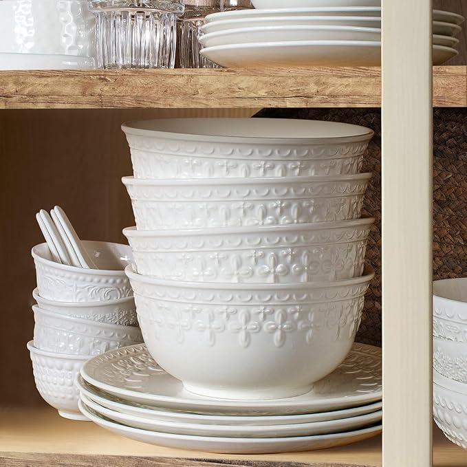 Large Salad Bowls Set of 4, 60oz White Serving Bowls Deep Deep Embossed Ceramic Mixing Bowl for Soup Kitchen, Eating, Ramen, Pasta, Dishwasher & Microwave Safe 8 inch (Cross Floral)