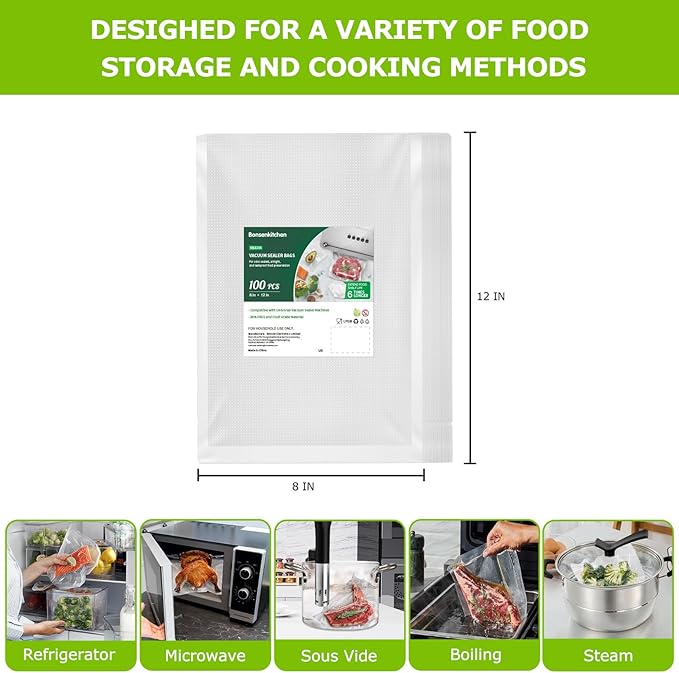 Bonsenkitchen Precut Vacuum Bags 100 Quart 8" x 12", BPA Free, Commercial Grade Textured Food Sealer Bag, Thick Embossed Bags for Storage and Sous Vide Cooking VB3205