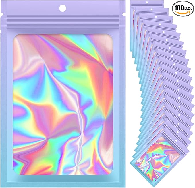 100 Pieces Resealable Mylar Bags, Smell Proof Bags with Clear Window for Food Storage Party Favor Packaging Small Business (Purple&Light Blue, 3.5×4.7 Inch)